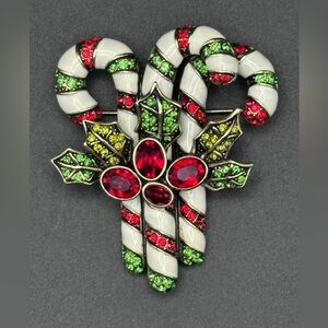 Heidi Daus signed holiday brooch, Trio of Candy Canes, Enamel & Crystals
